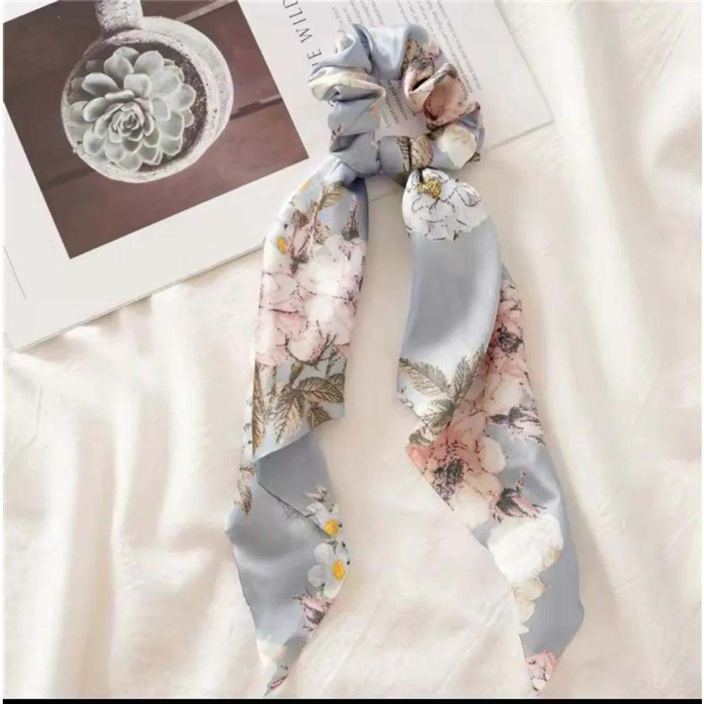 Blue Peony Print Bow Satin Long Ribbon Ponytail Scarf‎ Hair Tie Scrunchies